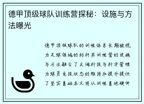 德甲顶级球队训练营探秘：设施与方法曝光